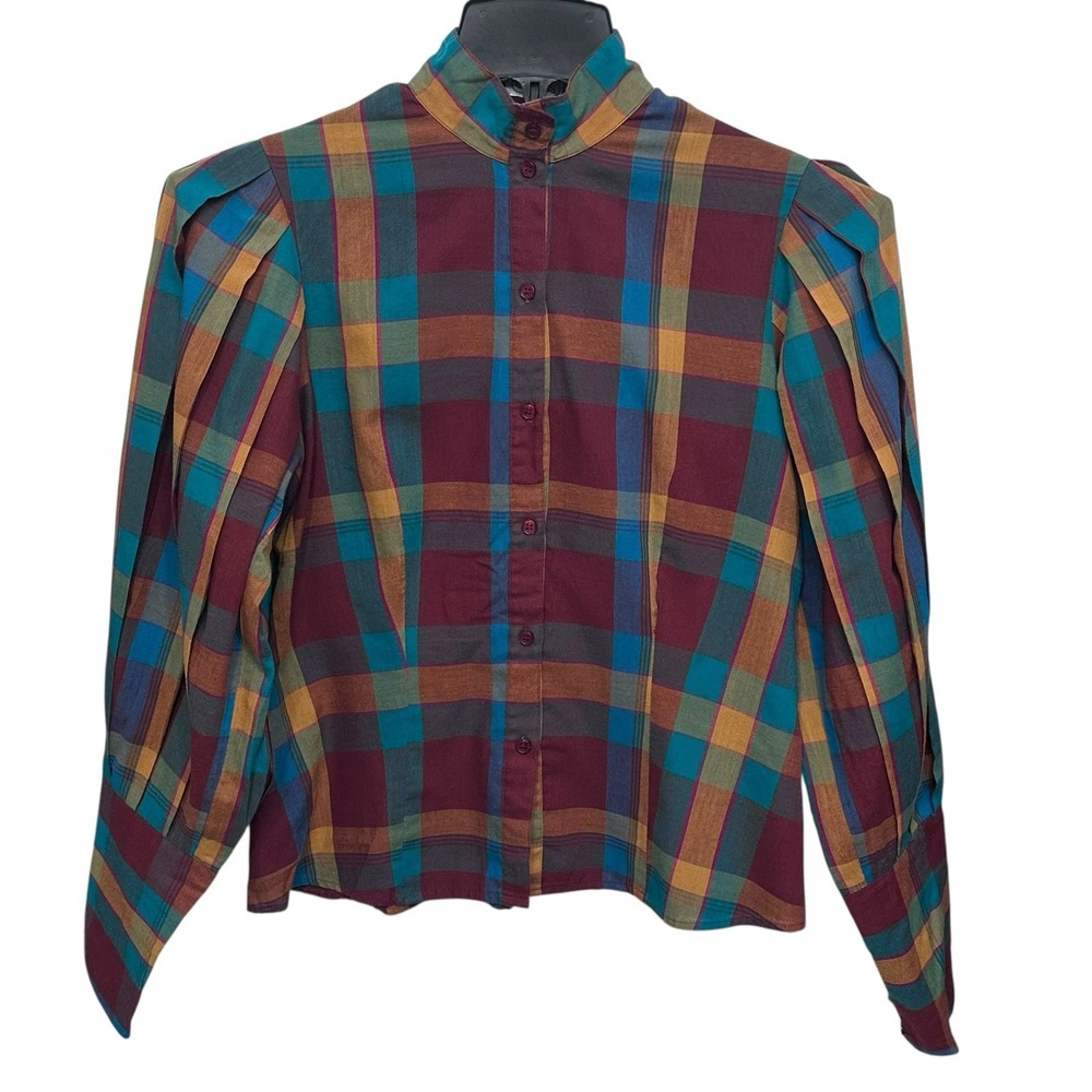 Genesis Plaid Blouse Women's Size Medium Puff Sleeves Long Sleeve‎ Button Up